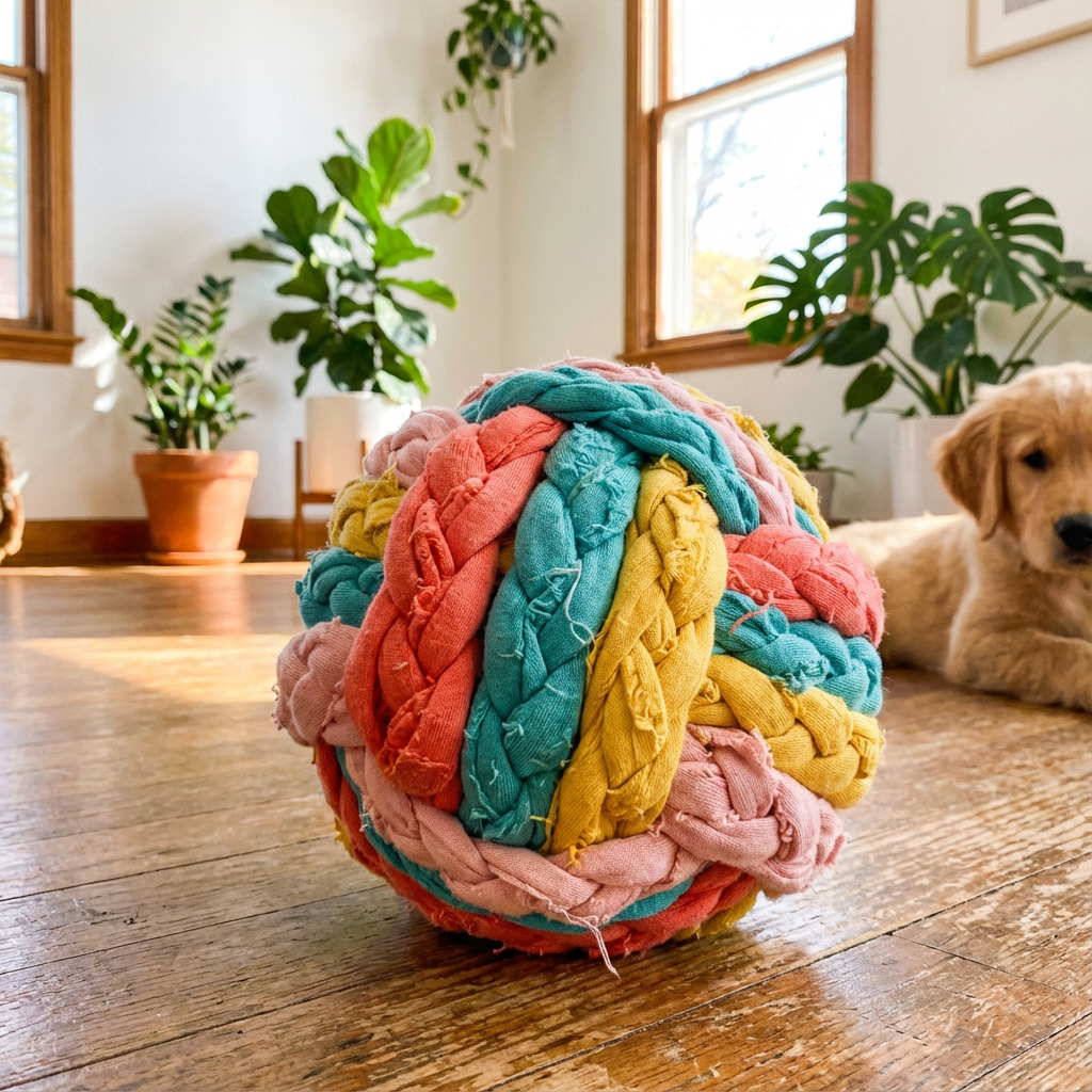 DIY Dog Toys showing a colorful ball made from old t-shirts and a puppy. 