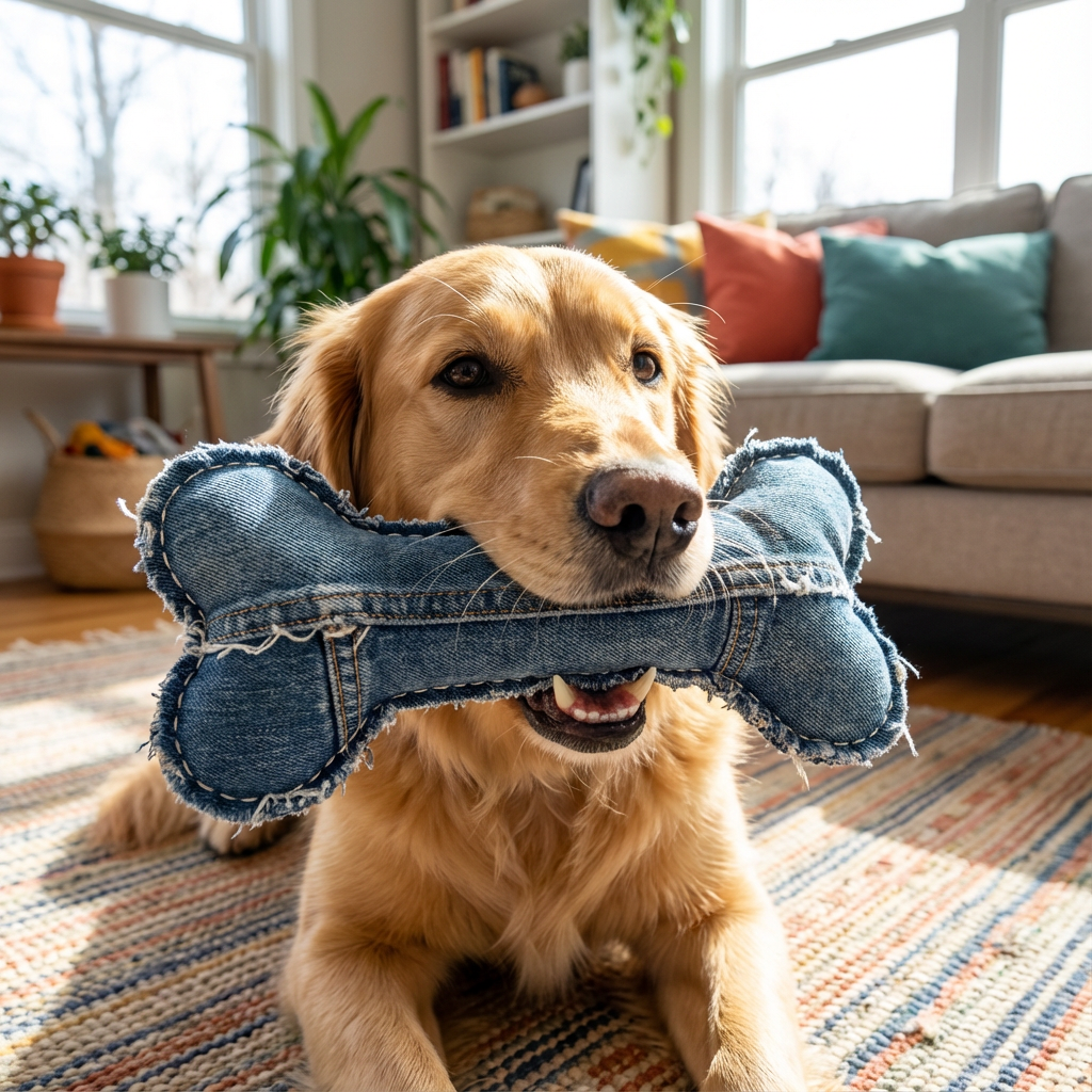 Dog holding a handmade denim bone toy sewn from old jeans, showing a durable DIY dog toy created from recycled fabric.