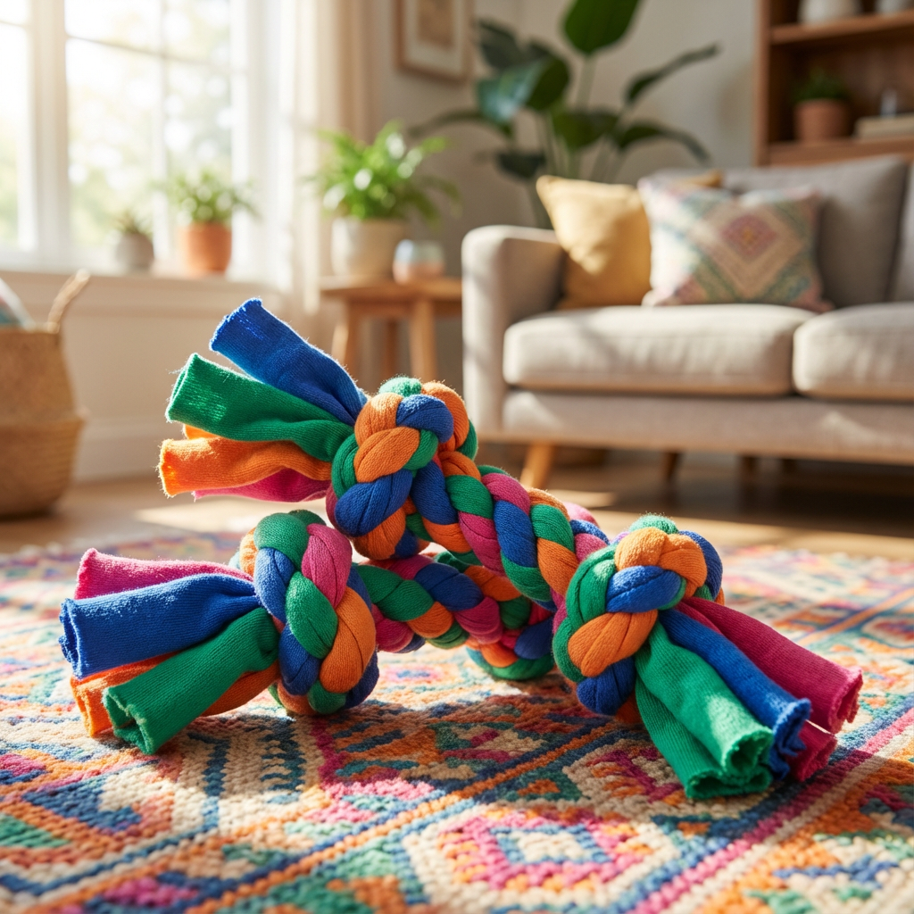 Knotted DIY dog toy made from colorful old T-shirts, showing a handmade fabric rope toy designed for tugging and play.