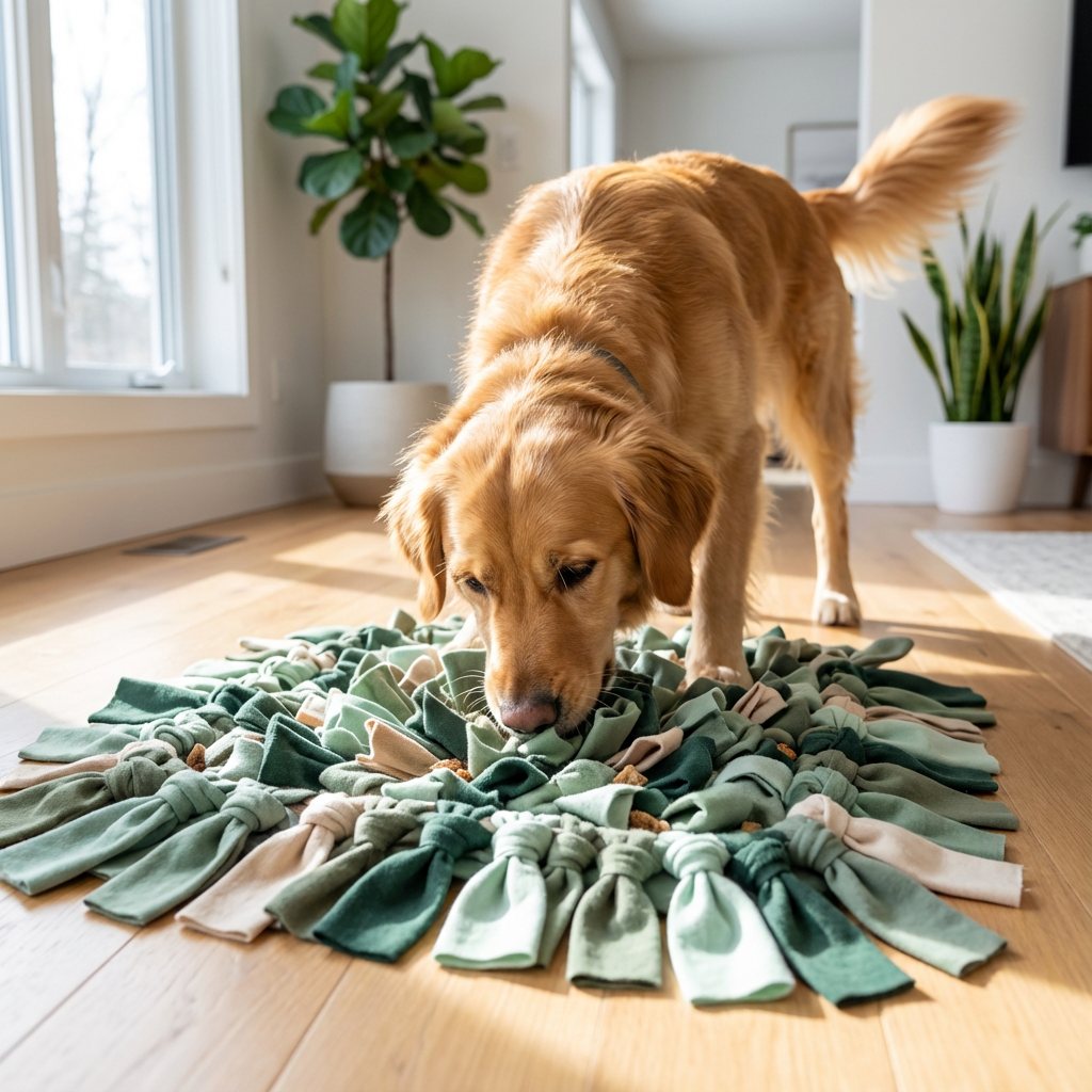 Dog sniffing a DIY snuffle mat made from old T-shirts, showing a homemade enrichment toy designed for calm, treat-based play.