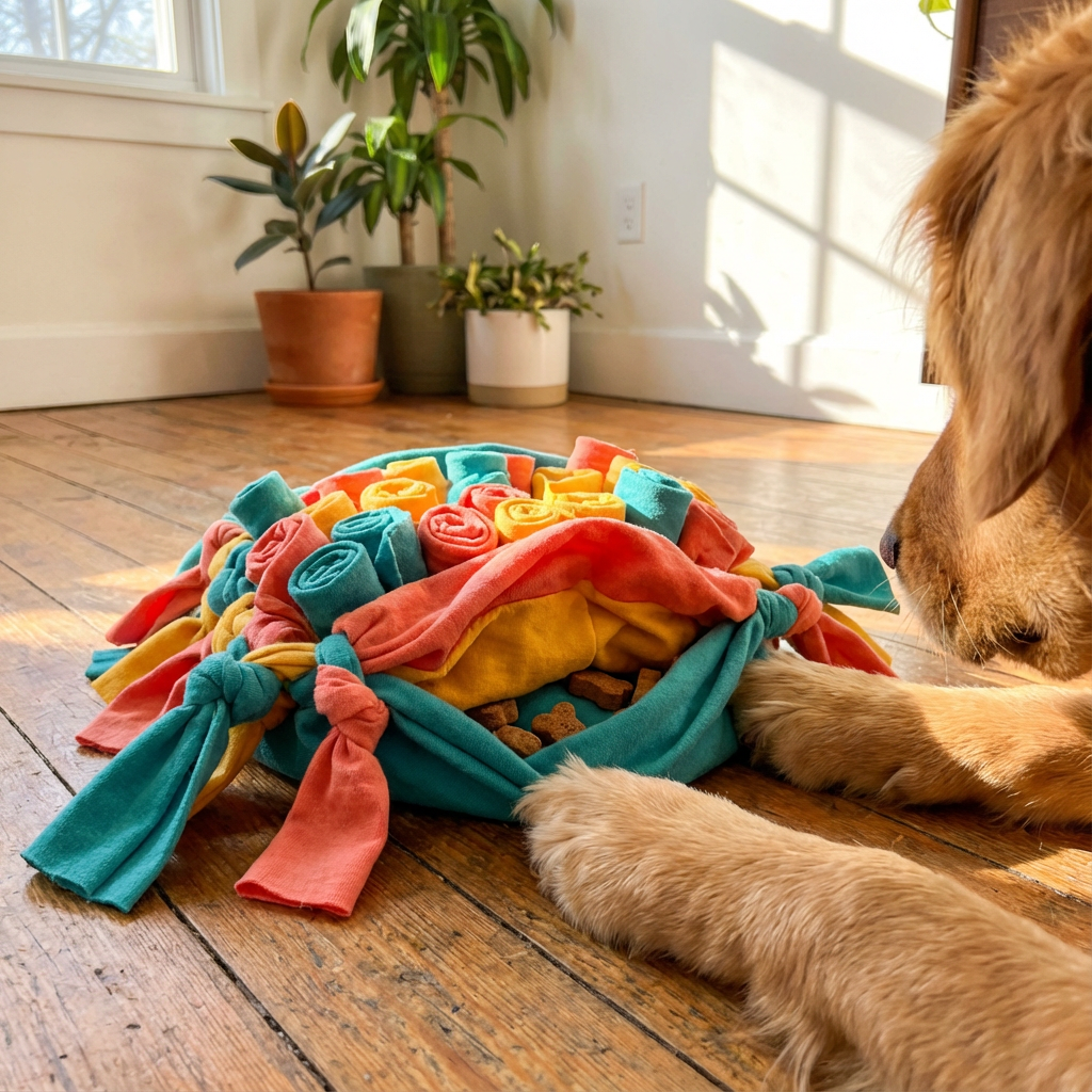DIY dog enrichment toy made from an old T-shirt with treats tucked inside, showing a colorful fabric pocket toy for mental stimulation.