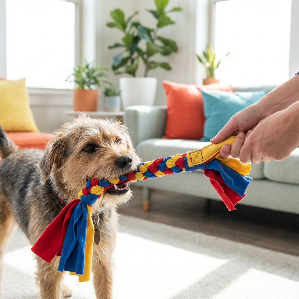 DIY Dog Toys Colorful Tug Toy With Handle and dog playing with a person.