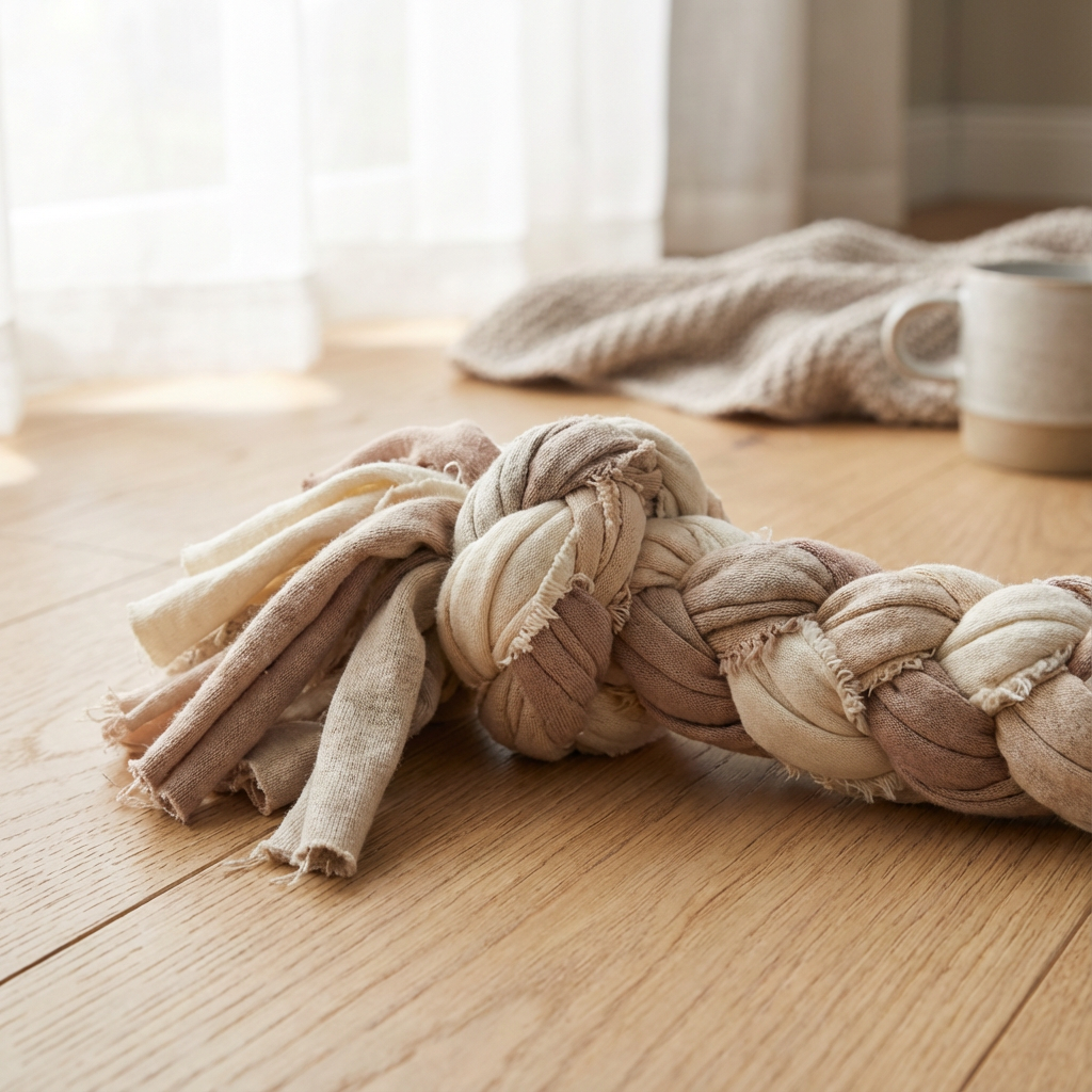 Braided DIY dog toy made from old T-shirts lying on a wooden floor, showing a soft fabric tug toy created from recycled clothing.