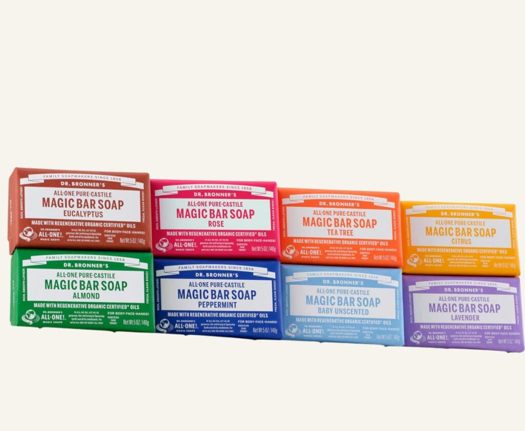 Dr. Bronner's soaps stacked multiple colored packages