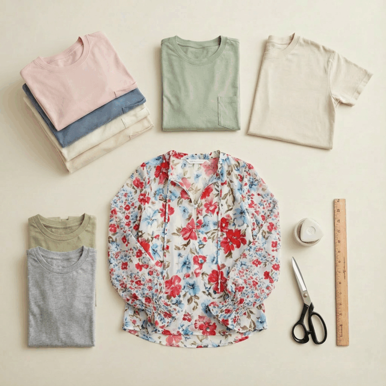 Flat-lay of folded neutral t-shirts with one upcycled white t-shirt featuring a colorful floral design, arranged with scissors, ruler, and fabric glue to show a simple beginner upcycling project.