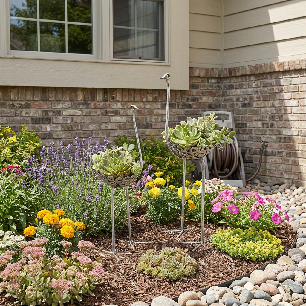 Metal bird shaped garden planters holding succulents displayed in a colorful flower bed beside a brick house.