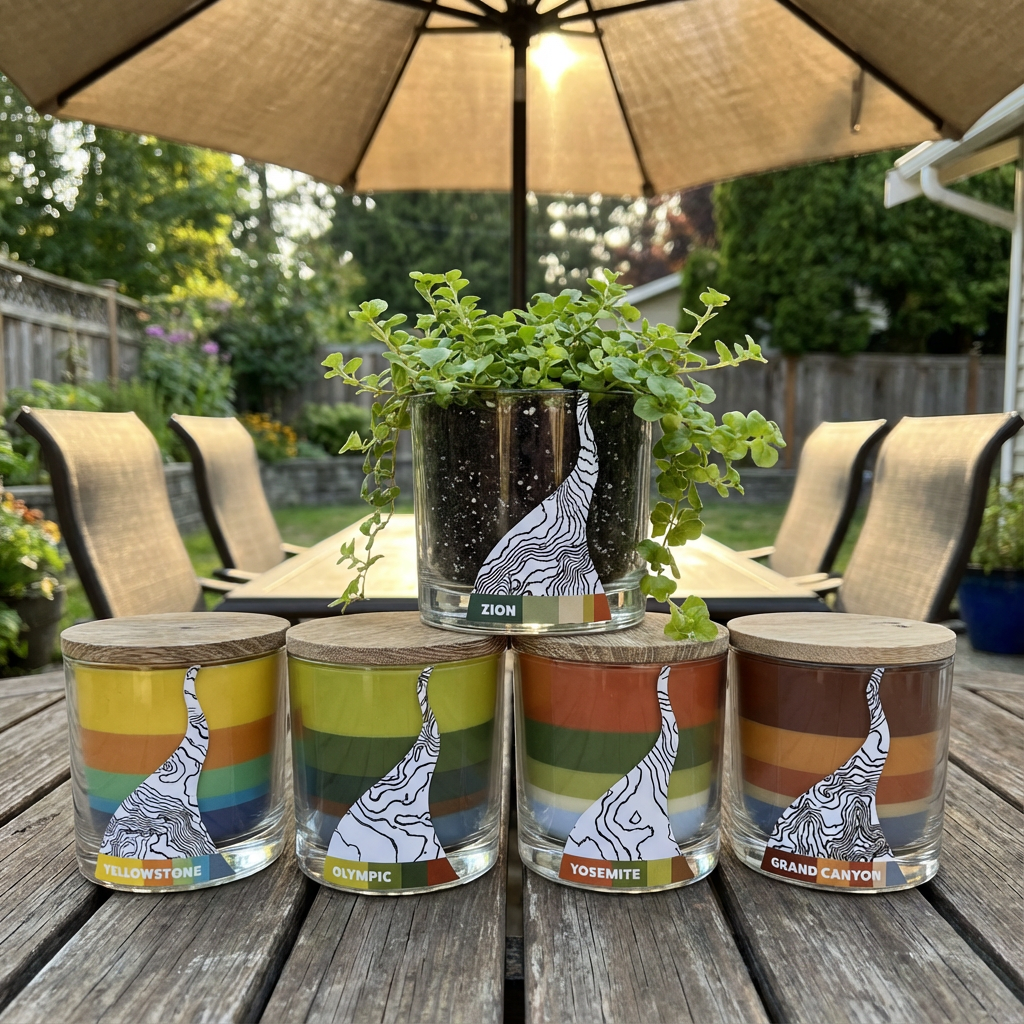 National park–themed grow kits in glass containers with wooden lids arranged on an outdoor table, featuring a leafy plant growing in the Zion kit.