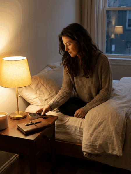Woman sitting on bed at night as a part of her self care routine for sleep.
