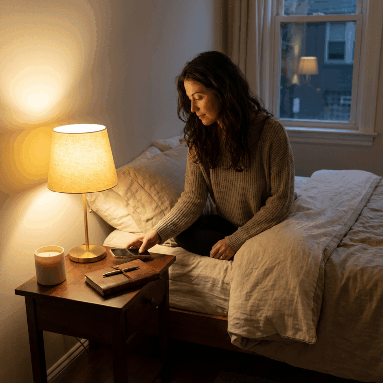 Woman sitting on bed at night as a part of her self care routine for sleep.