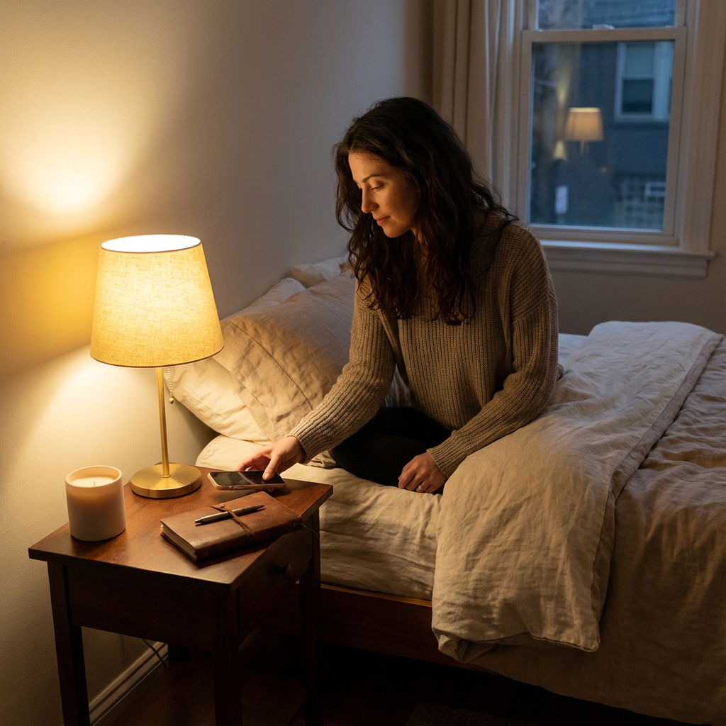 Woman sitting on bed at night as a part of her self care routine for sleep.