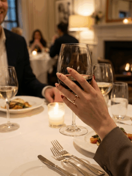 Close-up of a woman holding a wine glass at a candlelit dinner, showing simple Valentine’s Day nails with soft pink polish and tiny red heart accents on short, glossy nails.