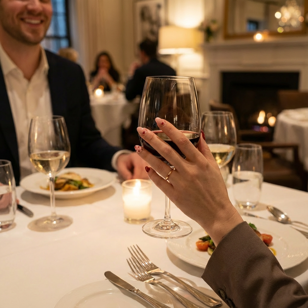 Close-up of a woman holding a wine glass at a candlelit dinner, showing simple Valentine’s Day nails with soft pink polish and tiny red heart accents on short, glossy nails.