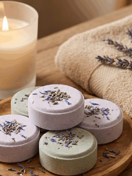 Purple DIY shower steamers in the bathroom next to a candle and towel.