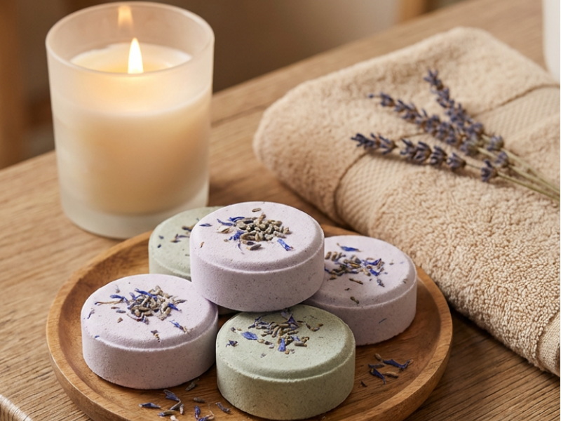 Purple DIY shower steamers in the bathroom next to a candle and towel.