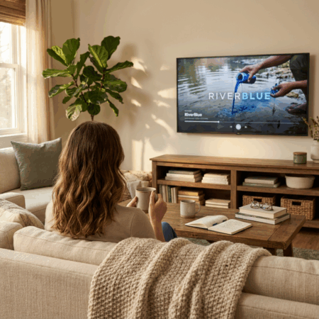 Woman on her couch watching Sustainable Fashion Documentaries.
