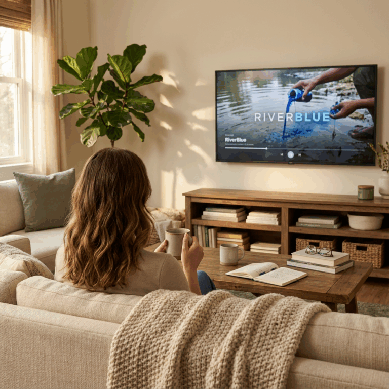 Woman on her couch watching Sustainable Fashion Documentaries.