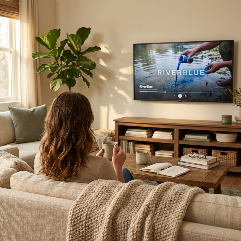 Woman on her couch watching Sustainable Fashion Documentaries.