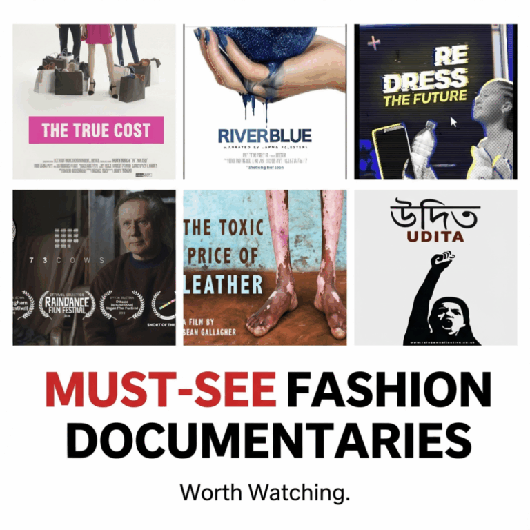 Image of various sustainable fashion documentaries. Text on image states Must-See Fashion Documentaries