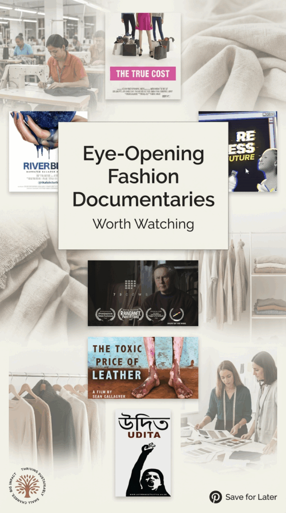 Image of various sustainable fashion documentaries. Text on image states Must-See Fashion Documentaries