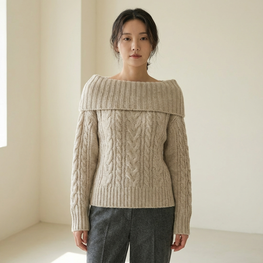 An upcycled sweater turned into an off-the-shoulder sweater. 