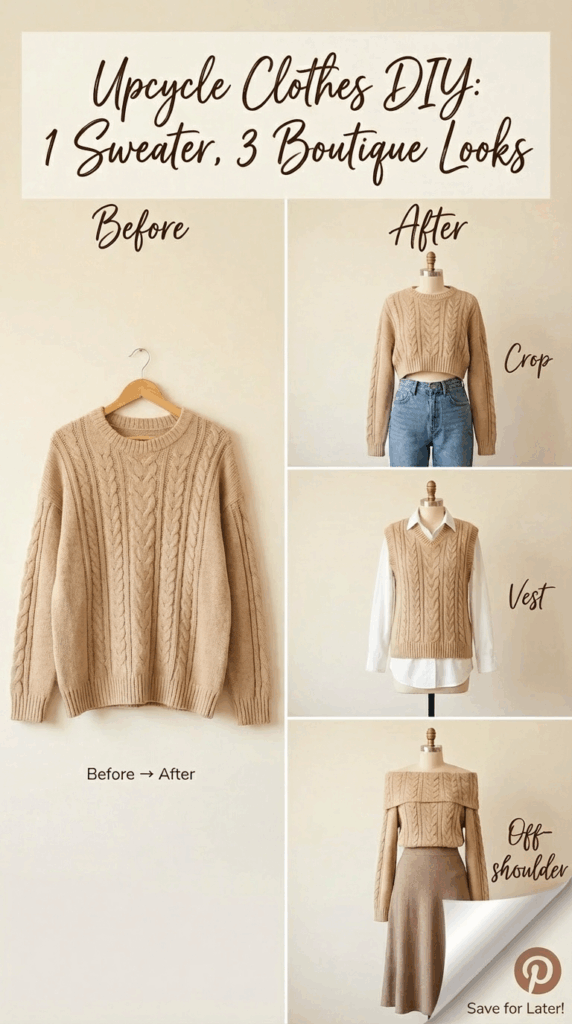 Upcycle clothes DIY collage showing one beige cable-knit sweater transformed into three boutique looks: a cropped sweater, a sweater vest layered over a white shirt, and an off-the-shoulder top, with a before-and-after comparison layout.