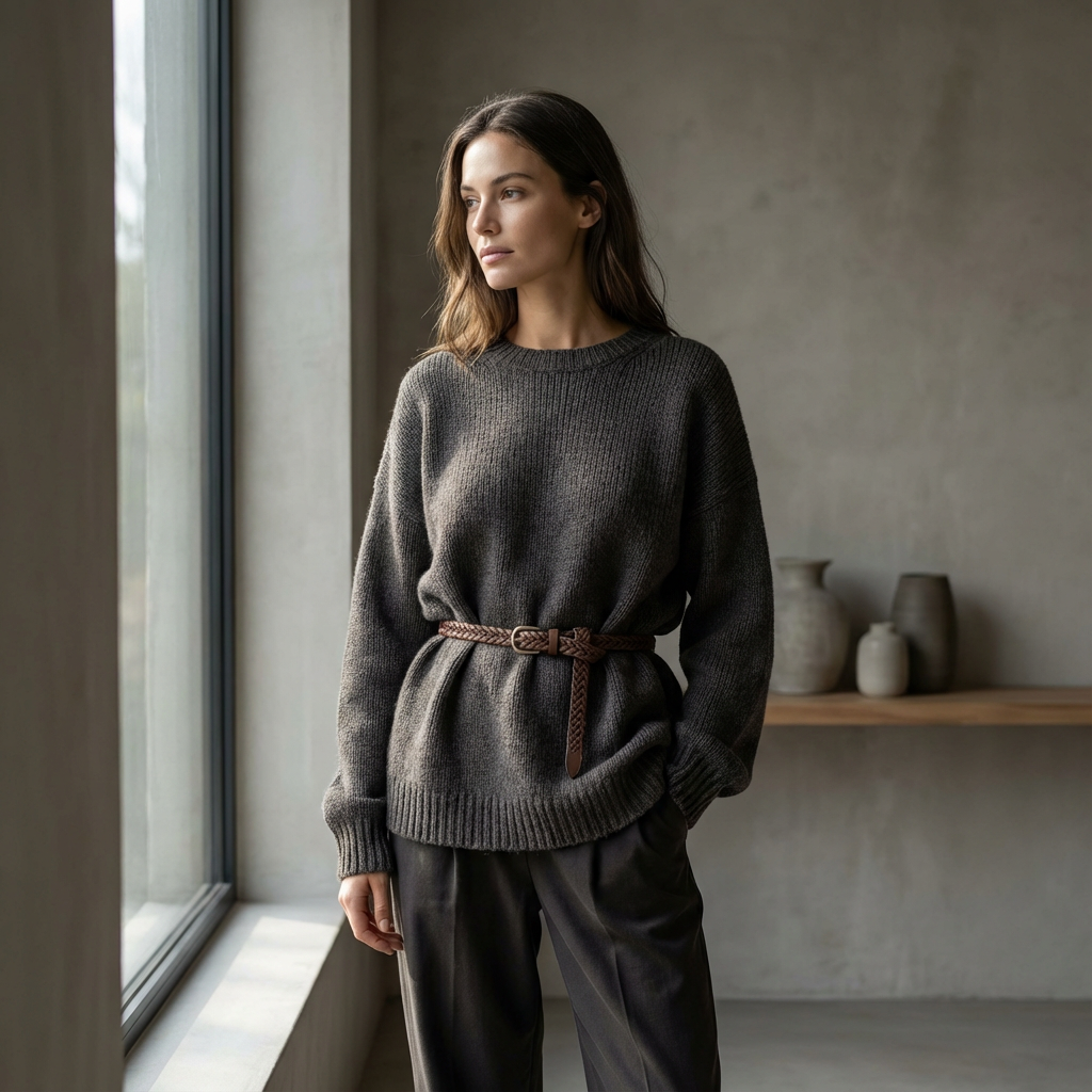 Upcycled sweater fashioned on a girl with a belt. 