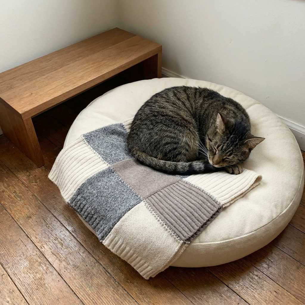 Upcycled sweater made into a cat blanket.