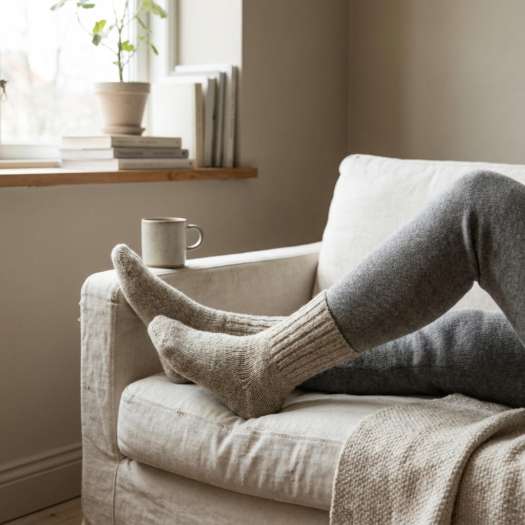 Upcycled sweater made into socks.