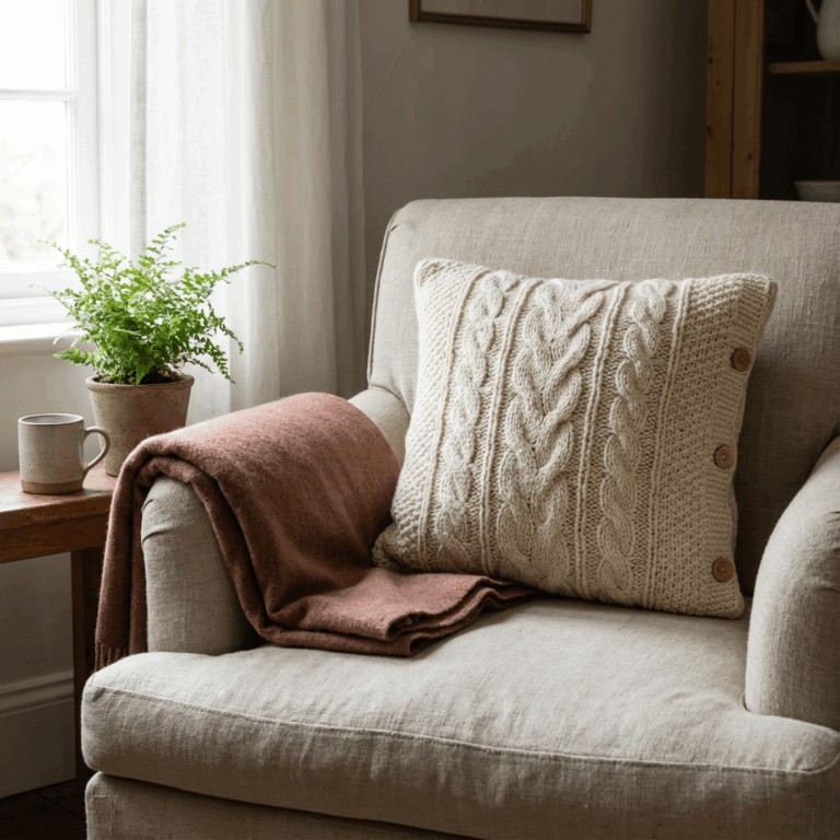 Upcycle clothes DIY sweater pillow made from a cable knit sweater, styled on a cozy armchair with a folded throw blanket in a neutral living room.