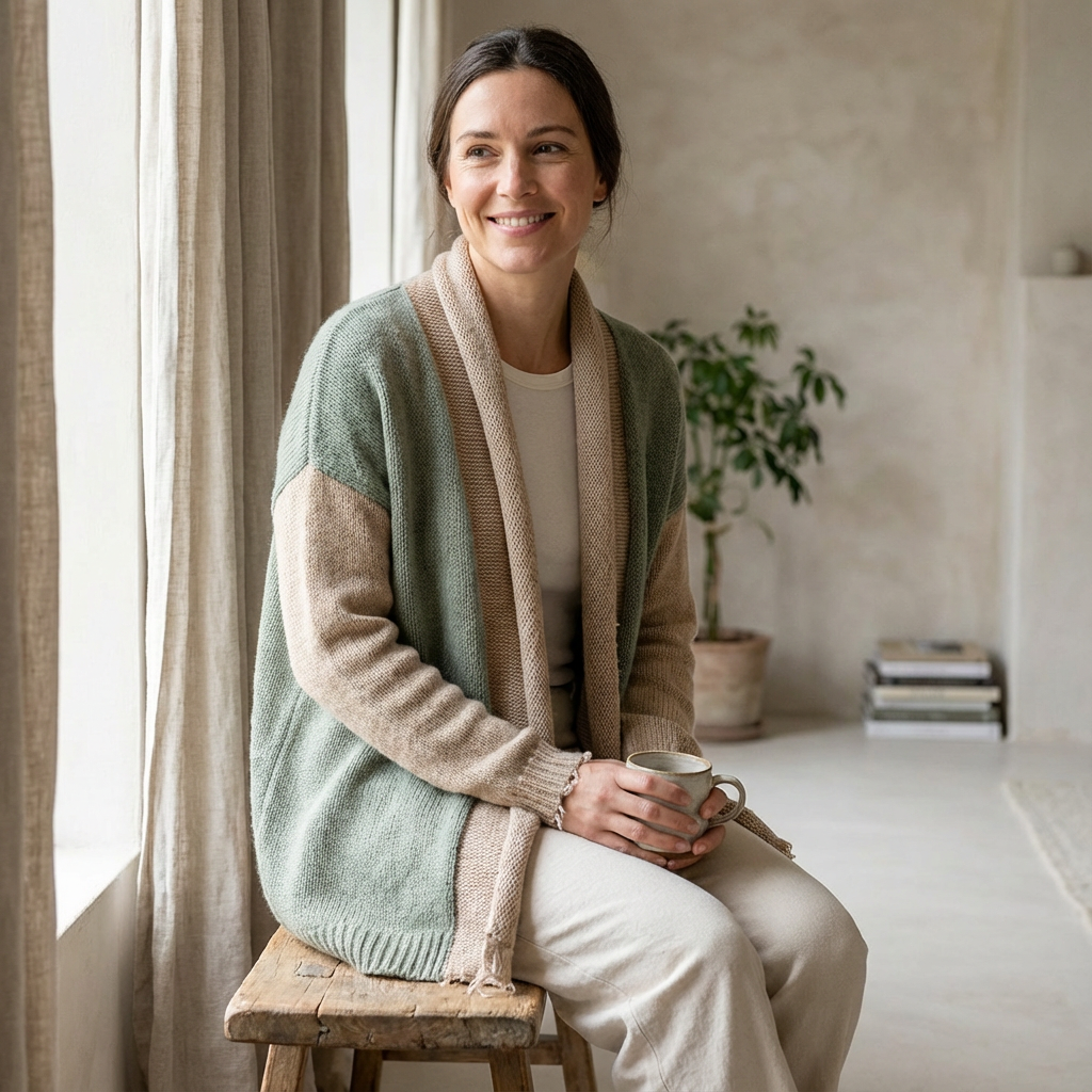 Upcycled sweater made into a cardigan on girl. 