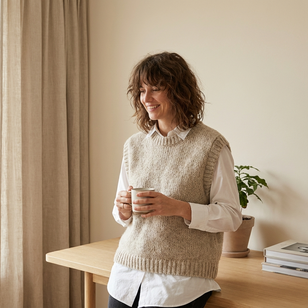 Upcycled sweater vest on girl holding a cup of coffee. 