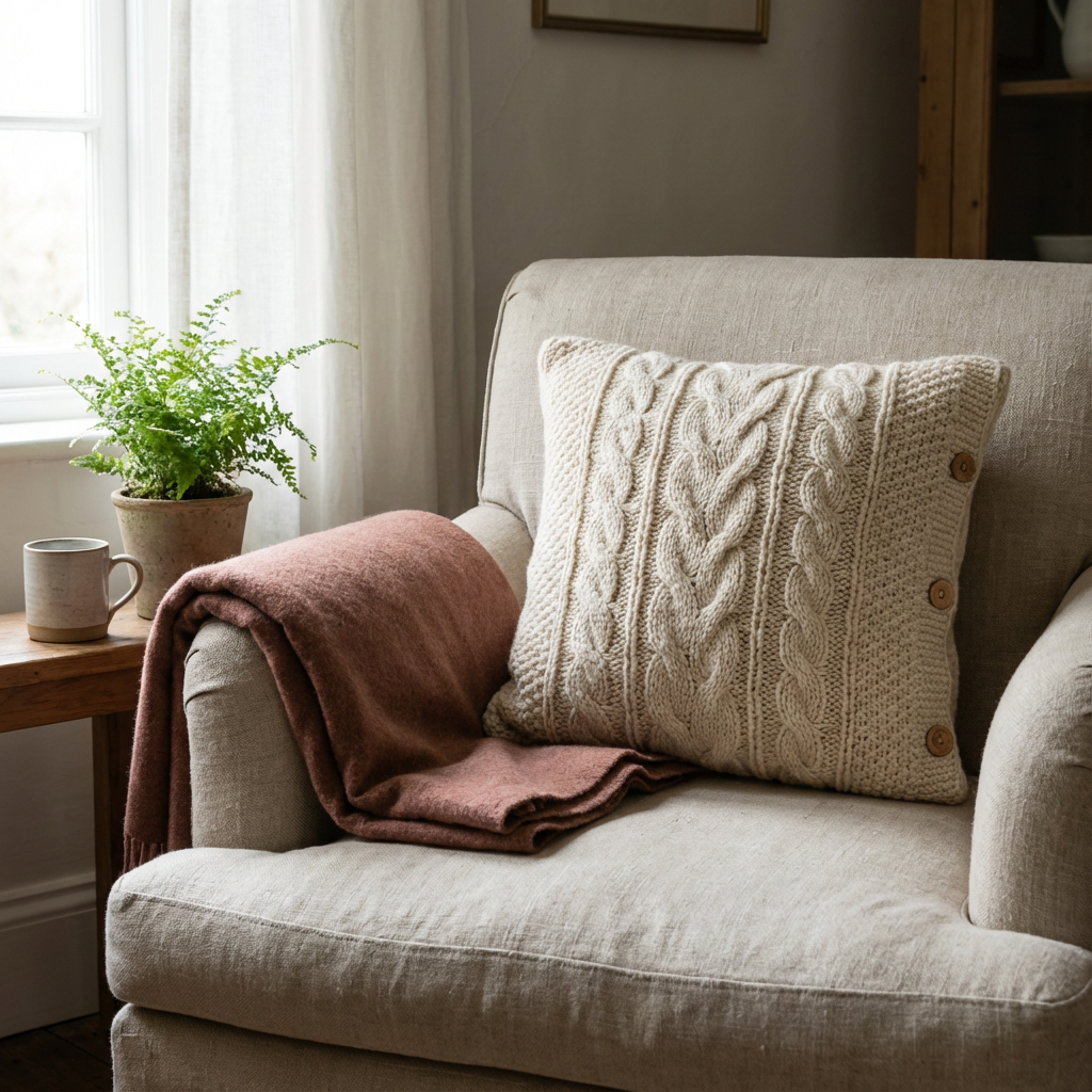 Upcycle clothes DIY sweater pillow made from a cable knit sweater, styled on a cozy armchair with a folded throw blanket in a neutral living room.