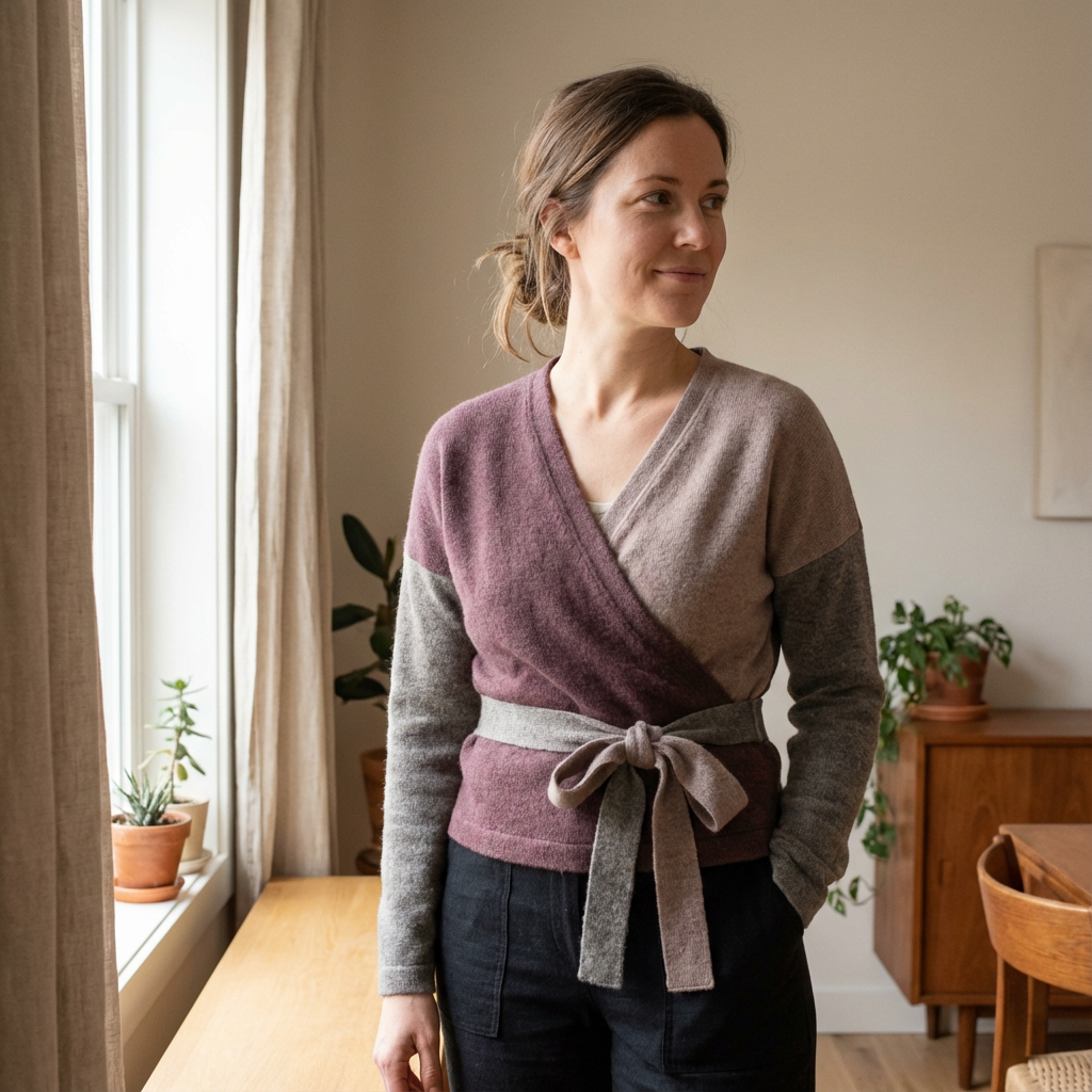 Upcycled sweater made into a wrap-front sweater. 