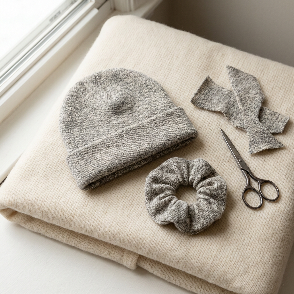 Upcycled sweater made into a hat and scrunchie next to scissors. 