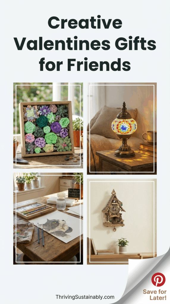 Pinterest-style collage featuring the text “Creative Valentines Gifts for Friends” above four cozy, craft-inspired gift ideas, with the ThrivingSustainably.com logo at the bottom and a “Save for Later” Pinterest corner overlay.