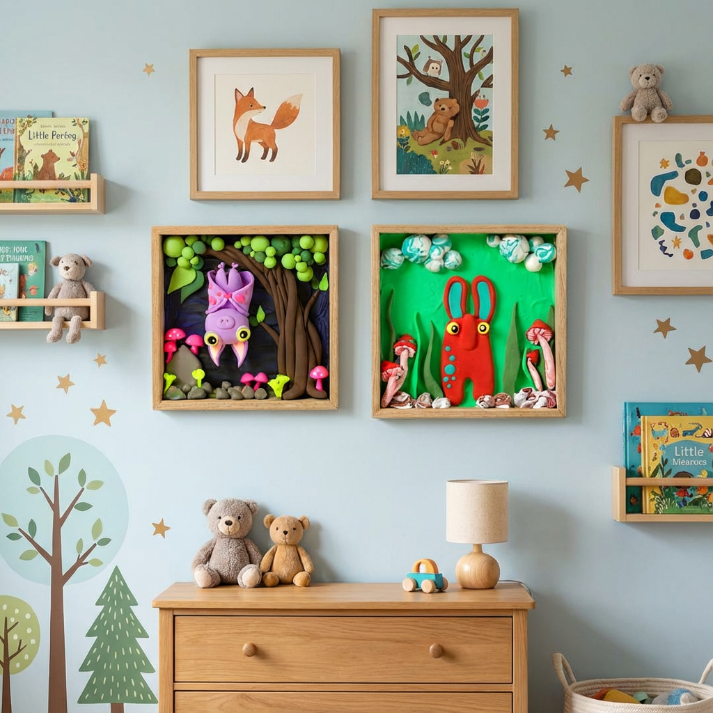 Handmade clay shadow boxes featuring colorful fantasy creatures displayed on a nursery wall above a wooden dresser with toys and framed animal art.