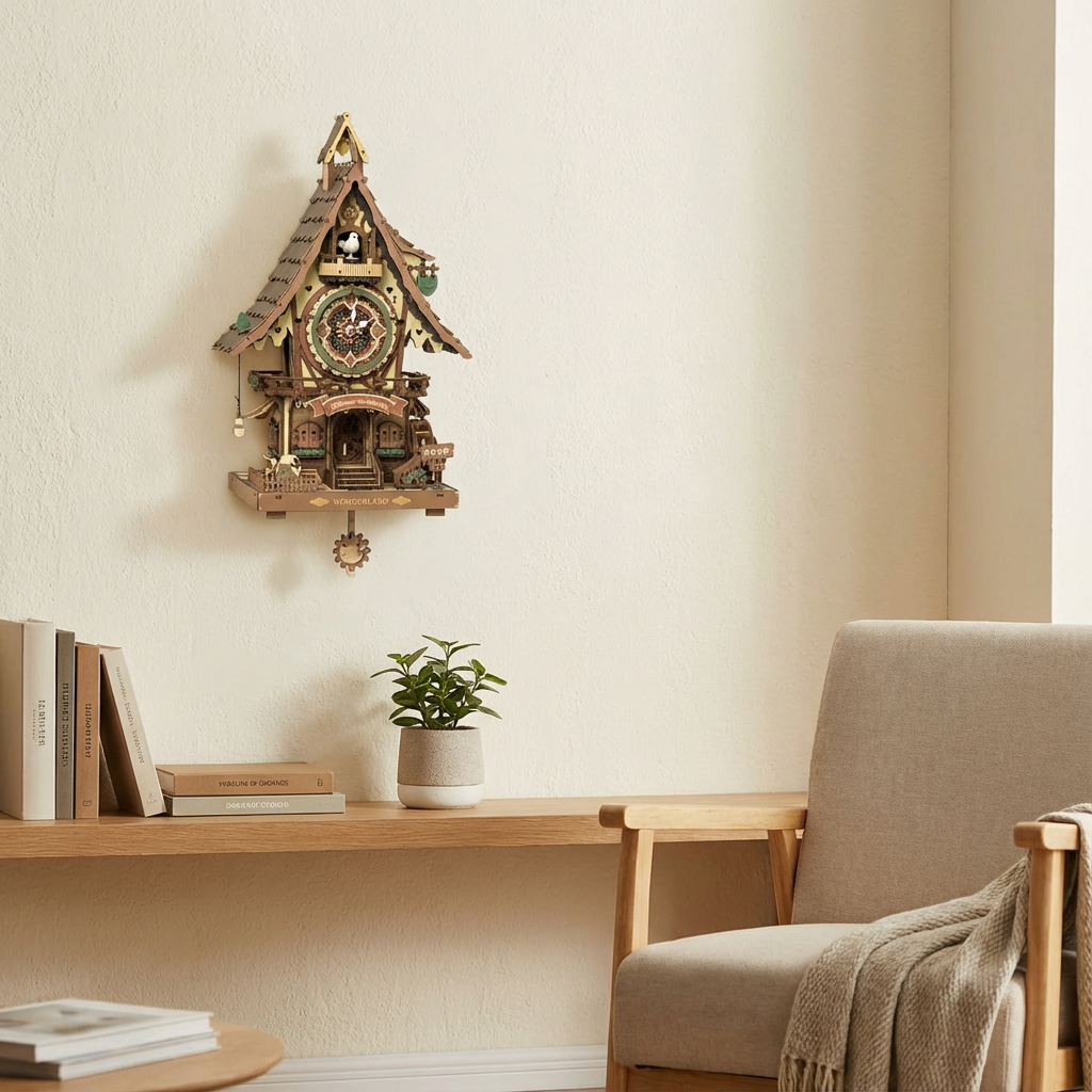 Handcrafted wooden cuckoo clock mounted on a wall above a minimalist wooden shelf, featuring intricate fairy-tale details and a visible pendulum in a cozy living space.