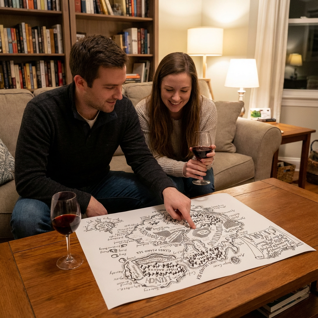 Couple sitting on a couch and reviewing a hand-drawn fantasy-style map together on a coffee table, sharing wine in a cozy living room.