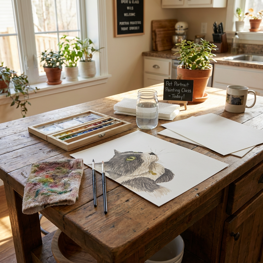 Pet portrait painting workspace with watercolor paints, brushes, and paper on a wooden table, featuring a hand-painted cat portrait in a bright, cozy kitchen.