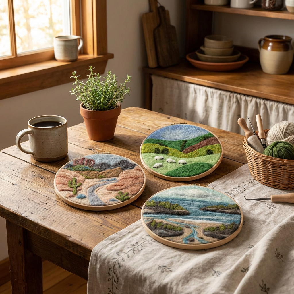 Needle felted landscape artwork in wooden hoops resting on a rustic table with wool, felting tools, and a cozy natural light setting.