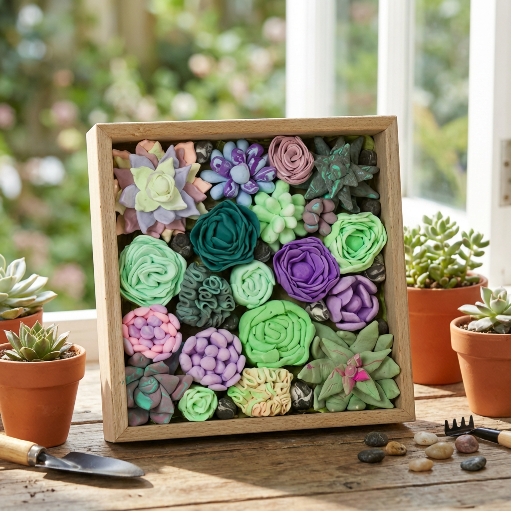 Handcrafted succulent wall art made from pastel-colored air clay, arranged in a square wooden frame with potted succulents in the background.