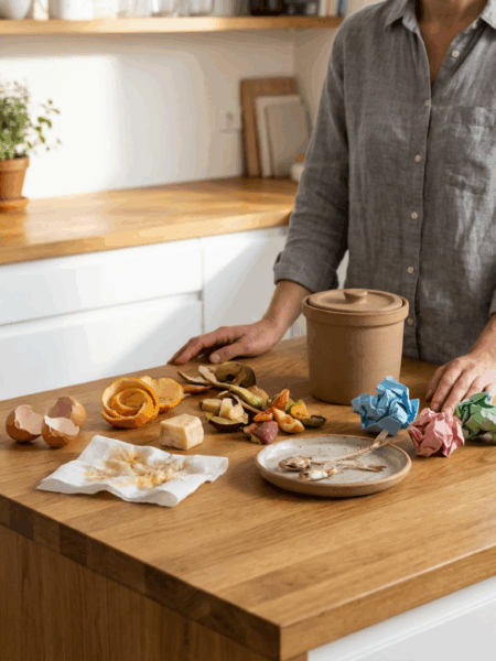 Woman at her kitchen island with various items to compost including what not to compost.