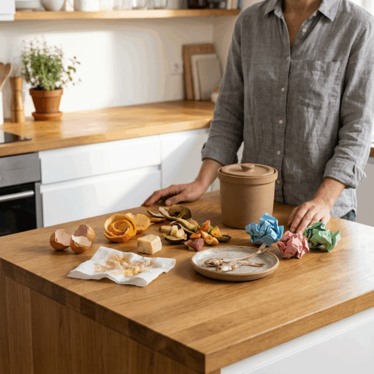 Woman at her kitchen island with various items to compost including what not to compost.
