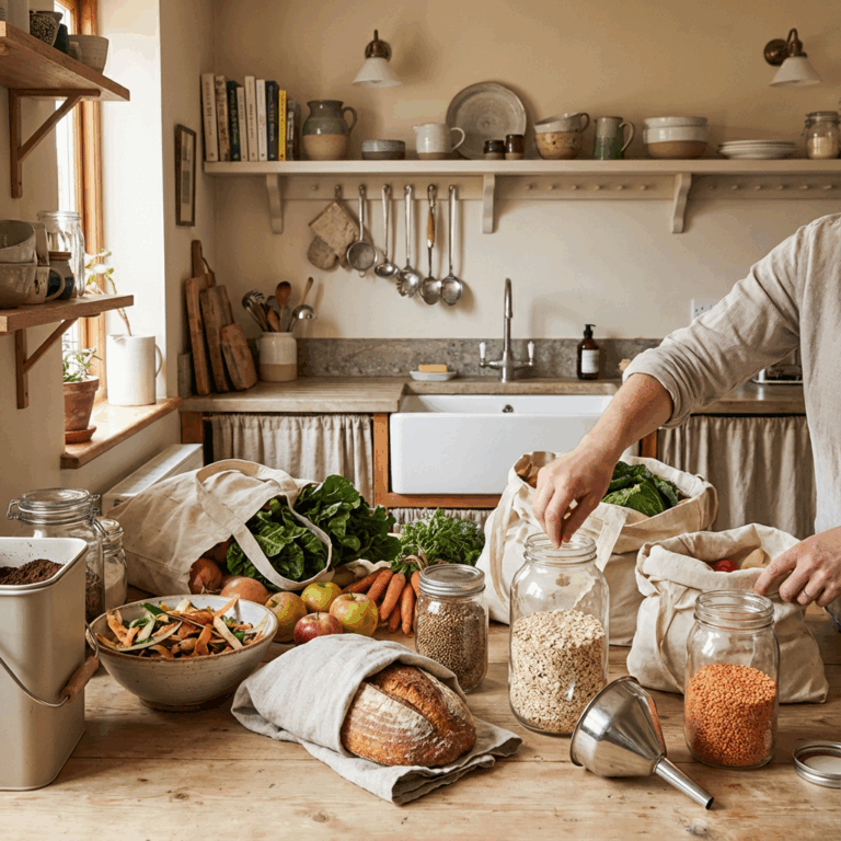 Zero-waste kitchen scene with reusable cloth produce bags, glass jars filled with grains and lentils, fresh vegetables, and a loaf of bread arranged on a wooden table.