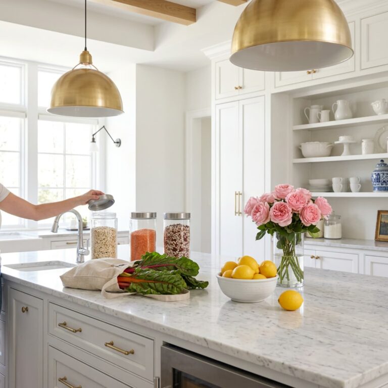 Zero waste lifestyle kitchen with glass jars of oats and lentils, a linen tote of chard and carrots, lemons, and pink roses on a marble island