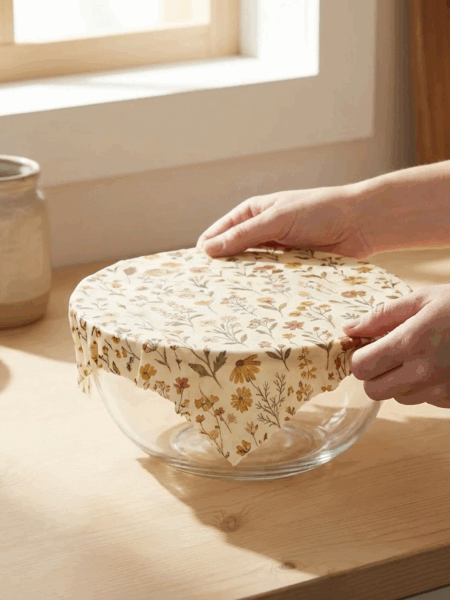 Person putting diy beeswax wrap over a bowl in the kitchen.
