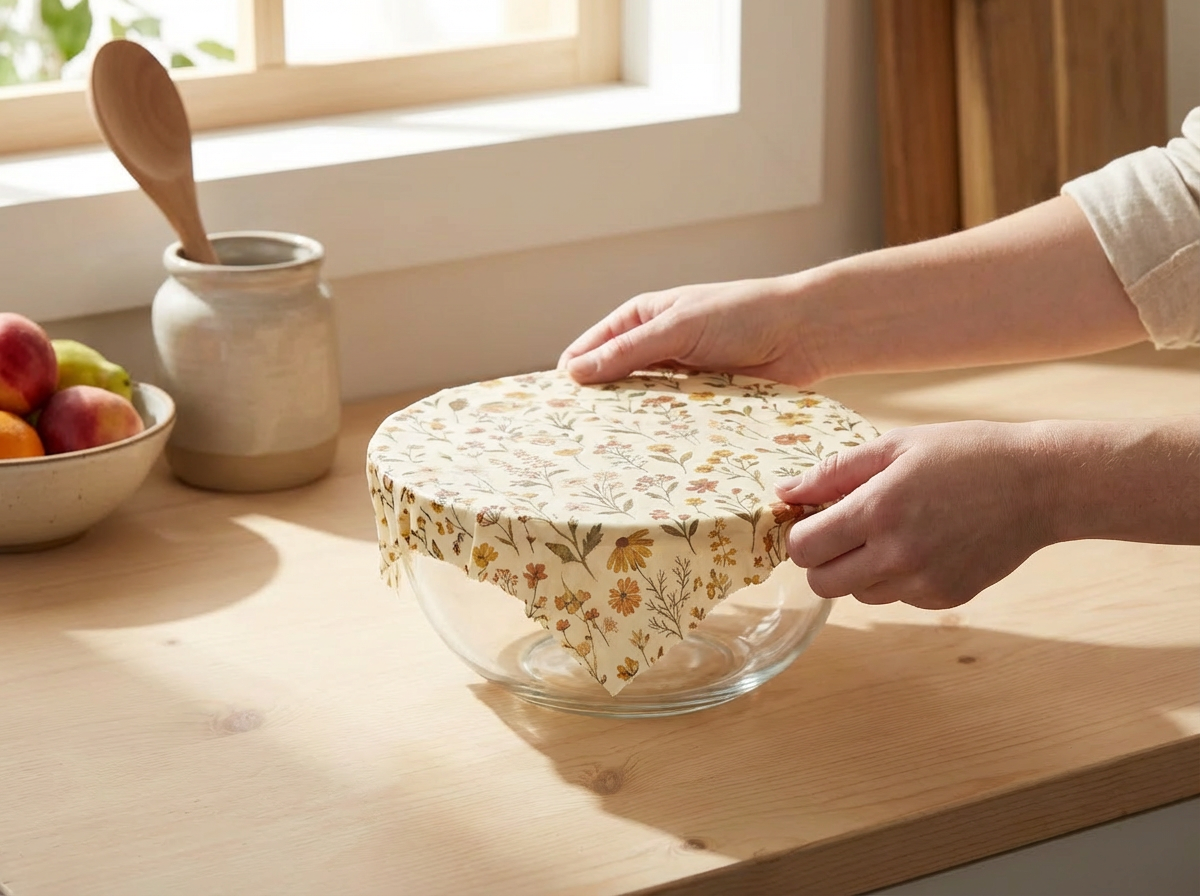 Person putting diy beeswax wrap over a bowl in the kitchen.
