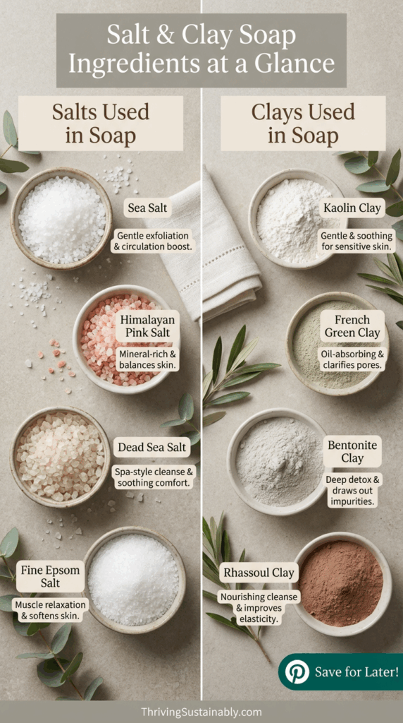 Vertical Pinterest-style infographic showing salt and clay soap ingredients at a glance, with bowls of sea salt, Himalayan pink salt, Dead Sea salt, Epsom salt, kaolin clay, French green clay, bentonite clay, and rhassoul clay arranged on a neutral spa-style background.