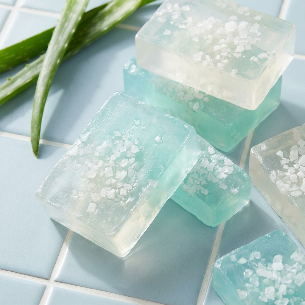 Handmade soap bars made with Dead Sea salt and aloe, shown with translucent texture and green aloe accents on a light modern surface.