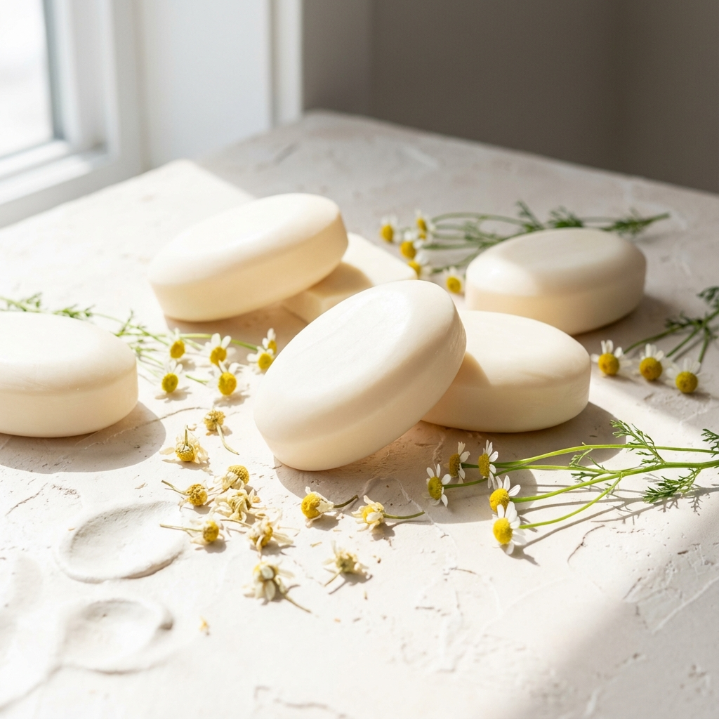 Handmade soap bars made with white clay and chamomile, styled on a light textured surface with chamomile flowers in natural sunlight.